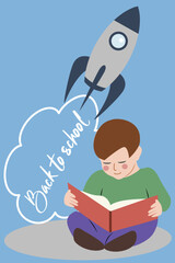 Young boy sitting on a floor reading a book, rocket flying upwards with Back to school message