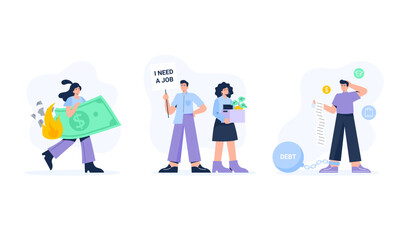 Fototapeta premium Financial crisis illustrations set. Stressed characters, office workers with economic, investment, and business problems. Inflation, unemployment, debt. Vector isolated illustrations.