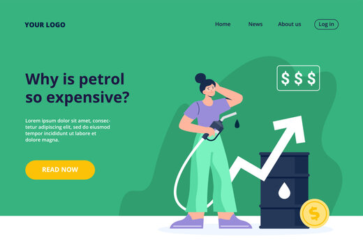 World oil price crisis. Gasoline prices, global increasing fuel price. A woman is confused and shocked by the fuel prices. Vector flat illustration from landing page or banner.