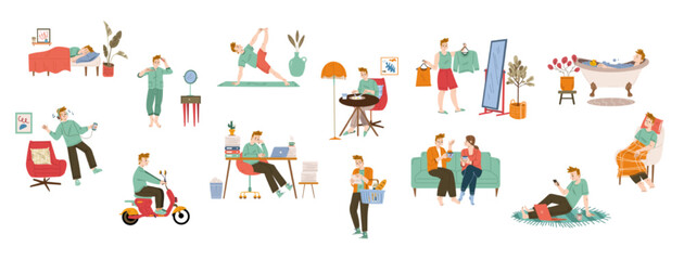 Man routine, daily life, schedule habits set. Male character sleep, brushing teeth, exercising, eat breakfast, dress up, go at job, work in office, shopping, relax, Line art flat vector illustration