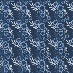Fototapeta premium Blue vector flower and leaves seamless pattern. Abstract floral background illustration. Summer holiday backdrop. Wallpaper, fabric, textile, print, wrapping paper or package design.