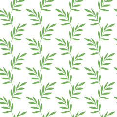 Green leaves seamless pattern. Abstract branches floral vector illustration. Botanical backdrop. Wallpaper, background, fabric, textile, print, wrapping paper or package design.