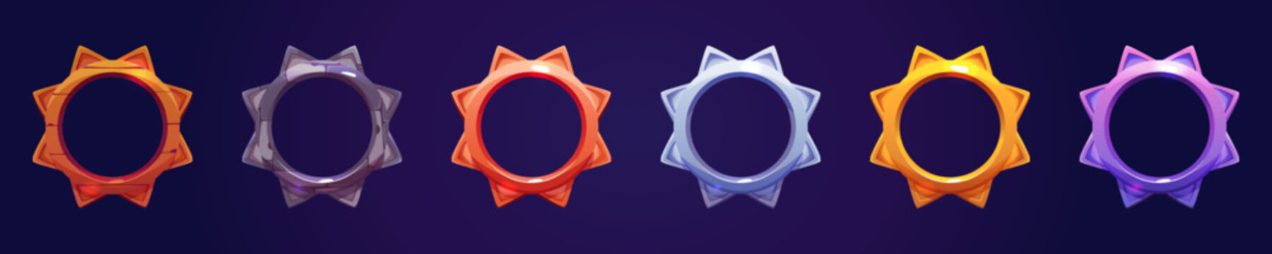 Circle game frames, ui rank or avatar round borders. Wooden, metal, bronze, silver, golden and platinum decor. Cartoon isolated graphic design gui elements for medieval rpg game or app, Vector set