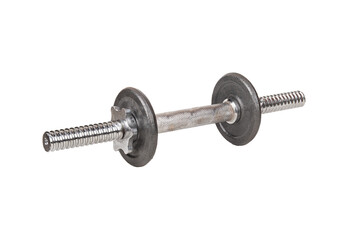 Metal, slightly rusty stacked dumbbell isolated on a white background