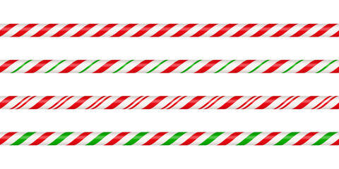 Christmas candy cane straight line border with red and green striped. Xmas seamless line with striped candy lollipop pattern. Christmas element. Vector illustration isolated on white background. - 523472710