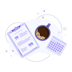 Vector illustration of a cup of coffee with clipboard, documents and calendar in flat style on abstract background. Purple coffee cup for time management, education or business planning concept
