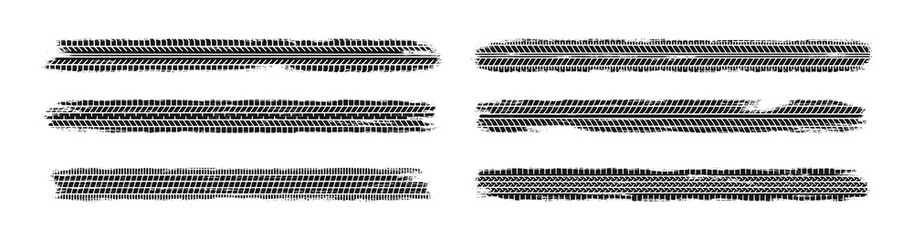 Auto tire tread grunge set. Car and motorcycle tire pattern, wheel tyre tread track. Black tyre print. Vector illustration isolated on white background. © Elena Pimukova