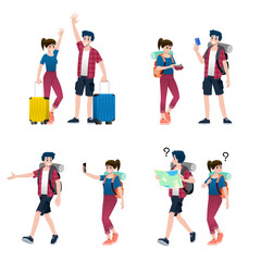 Young happy man and woman tourists flat cartoon character. Around the world traveling male and female people on a summer vacation trip, Isolated on white background.