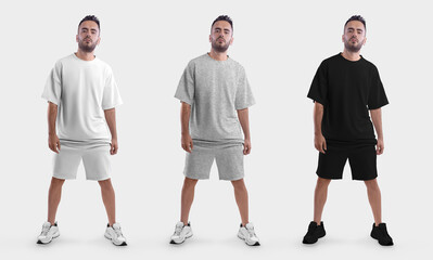 Template white, black, heather oversized t-shirt, shorts on a brutal man in sneakers, folded...