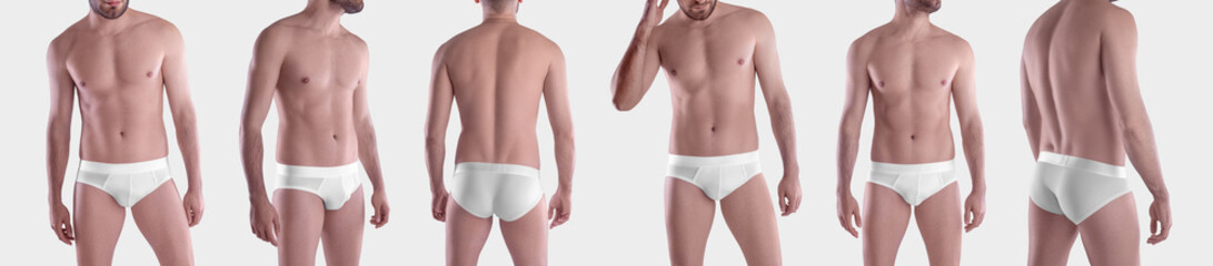 White brief panties mockup on a shaved guy, shorts close-up, isolated on background, front, back...