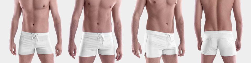 Fototapeta na wymiar Mockup of white boxers for swimming, close-up, shorts, trunks on a guy, isolated on background.