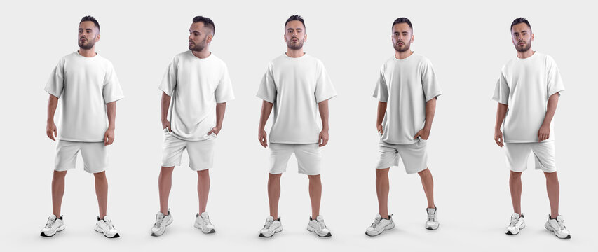 Oversized White Suit Mockup, Men's T-shirt, Shorts On A Guy In Sneakers, For Design, Print, Pattern.