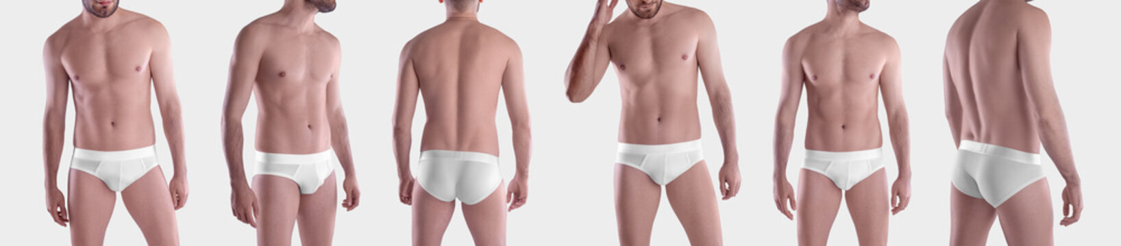 White brief panties mockup on a shaved guy, shorts close-up, isolated on background, front, back view.