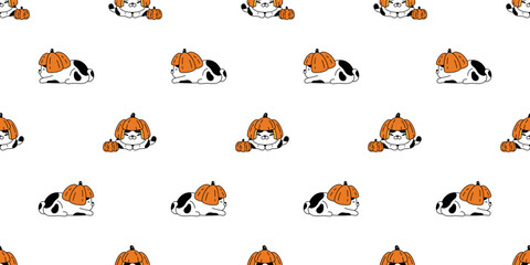 cat seamless pattern pumpkin Halloween kitten calico vector tile background repeat wallpaper scarf isolated gift wrapping paper cartoon character illustration design