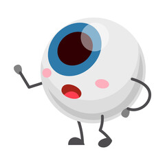 Cute, funny eyeball character. Cartoon illustration. Human organ of vision in various images, in hat, with pencil, catching butterflies