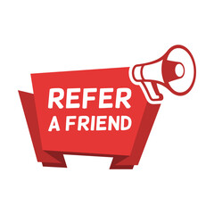 Refer announcement with loudspeaker. Bright speech bubbles, ribbons megaphone, abstract shapes Vector illustration for referral program, recommendation