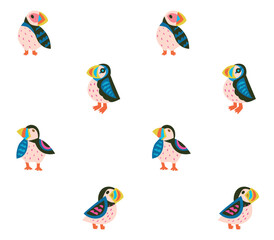 Little colourful Puffins seamless pattern