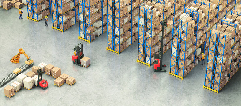 Warehouse Scene with Workers, High Shelves and Reach Fork Track. Logistics Concept. 3D illustration
