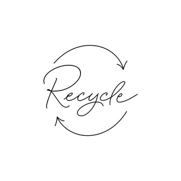 Recycle handwritten lettering text title sign. Modern calligraphy inscription for posters, banners, web design, cards. Motivational quote eco friendly lifestyle. Isolated vector illustration