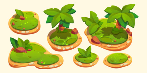 Cartoon set of green islands isolated on white background. Vector illustration of colorful pieces of land with palm trees, grass, stones and plants. Tropical nature landscape. Game ui design elements