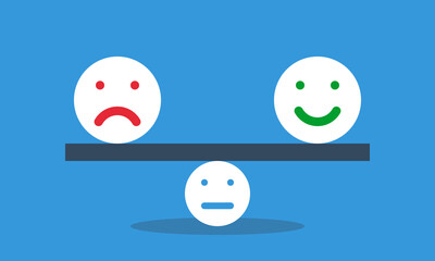 in equilibrium on seesaw. Positive and negative emotions balance concept. Lifestyle choose be happy or sad. Vector flat style infografics illustration.