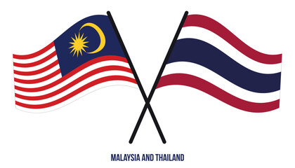 Malaysia and Thailand Flags Crossed And Waving Flat Style. Official Proportion. Correct Colors.