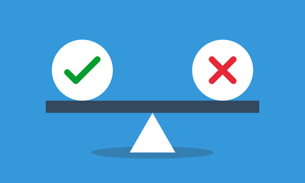 Green check mark and red cross in equilibrium on seesaw. Pro or cons balance concept. Vector flat style infografics illustration.