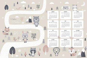 Calendar 2023 with forest animals. Road in forest and various doodle wild animals, plants. Calendar grid, monday first.