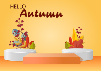 3d podium. Abstract minimal scene with autumn geometric forms. cylinder podium in orange background with autumn plant leaves. product presentation, mockup, show product, podium, stage pedestal.