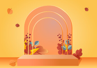 3d podium. Abstract minimal scene with autumn geometric forms. cylinder podium in orange background with autumn plant leaves. product presentation, mockup, show product, podium, stage pedestal.