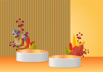 3d podium. Abstract minimal scene with autumn geometric forms. cylinder podium in orange background with autumn plant leaves. product presentation, mockup, show product, podium, stage pedestal.