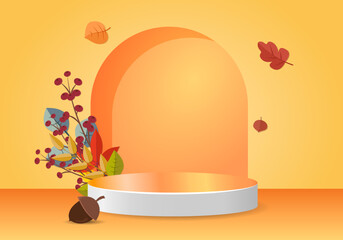 3d podium. Abstract minimal scene with autumn geometric forms. cylinder podium in orange background with autumn plant leaves. product presentation, mockup, show product, podium, stage pedestal.