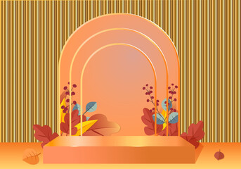 3d podium. Abstract minimal scene with autumn geometric forms. cylinder podium in orange background with autumn plant leaves. product presentation, mockup, show product, podium, stage pedestal.