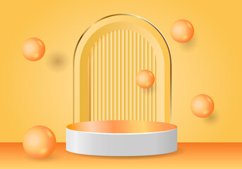 3d podium. Abstract minimal scene with autumn geometric forms. cylinder podium in orange background with autumn plant leaves. product presentation, mockup, show product, podium, stage pedestal.