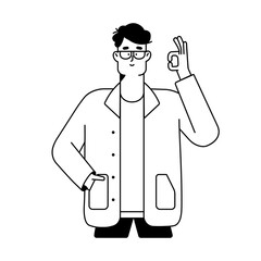 Lineart male character in glasses showing OK sign. Expression of approval with positive okay gesture. Man in eyeglasses. Contoured outline flat vector illustration isolated on white background