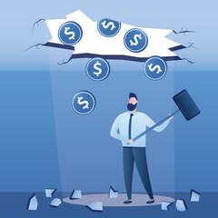 Confident businessman using big hammer broke through the ceiling and makes huge profit. Money falls through hole in roof. Profit increase, new income options. Boost your salary.