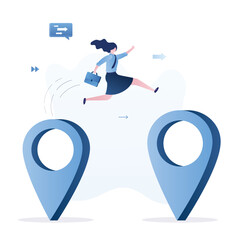 Business relocation, move office to new address or transfer to new location. Career ladder concept. Businesswoman or company owner jumping from navigation pointer to new place of relocation.