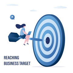 Reaching business target. Aiming for victory or goal, strategy to reach target. Achieve business success. Aspiration and direction to win. Confident businesswoman ride dart and hit for target.