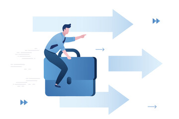 Confident businessman rides on large briefcase. Change of job, new contract. Employment, new stage on the career ladder. Job offer for male employee. Leadership, business vision.