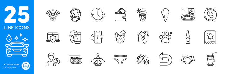 Outline icons set. Beer bottle, Pet friendly and Wallet icons. Global business, Court judge, Laptop insurance web elements. Car service, Call center, Ram signs. Gears, Undo, Time. Vector