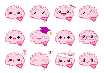 Set of Kawaii Brain Cartoon Character. Collection of human brains with different mood. Set of brainy characters in different expressions - happy, sad, cry, fear. Vector illustration EPS8