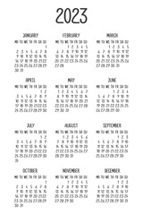 Calendar grid template, 2023 year. Calendar 2023, monday first. Printable doodle design isolated on white background.