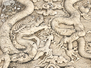 Close-up of carved stone dragon at the Temple of Heaven, Beijing, China