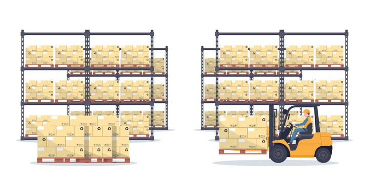 Rack with pallet with boxes for the storage of products in an industrial warehouse. Worker driving forklift loading pallets. Industrial storage and distribution of products
