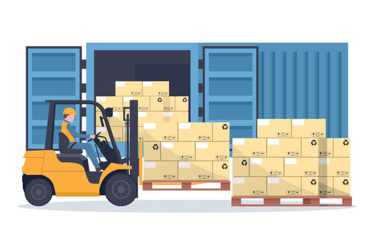 Forklift truck loading pallet with stacked boxes to a blue cargo container or shipping container for storage and transportation of merchandise. Industrial storage and distribution of products