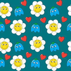 Background with funny characters. Bright seamless vector pattern with hearts of kawaii daisy and bellflowers in a fashionable retro cartoon flat style.