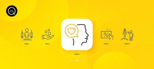 Fototapeta na wymiar Coronavirus injections, Discount coupon and Donation money minimal line icons. Yellow abstract background. Launch project, Romantic talk icons. For web, application, printing. Vector