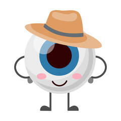 Eyeball character. Cartoon vector illustration. Human organ of vision in various images, in hat, with pencil, catching butterflies