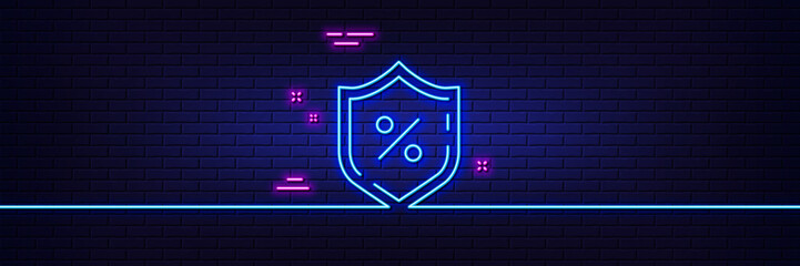 Neon light glow effect. Loan percent line icon. Protection shield sign. Credit percentage symbol. 3d line neon glow icon. Brick wall banner. Loan percent outline. Vector