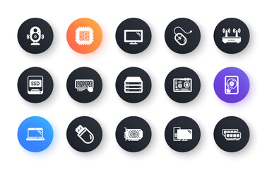 Computer device icons. Motherboard, CPU and Laptop. SSD memory classic icon set. Circle web buttons. Vector